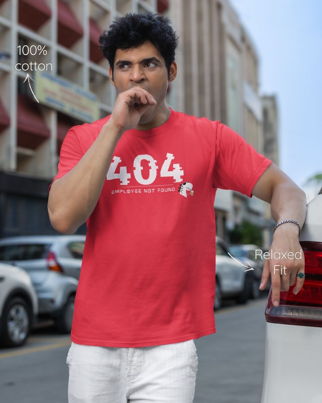 Red regular fit cotton t-shirt with '404 - Employee not found' quote – Out of Office clothing