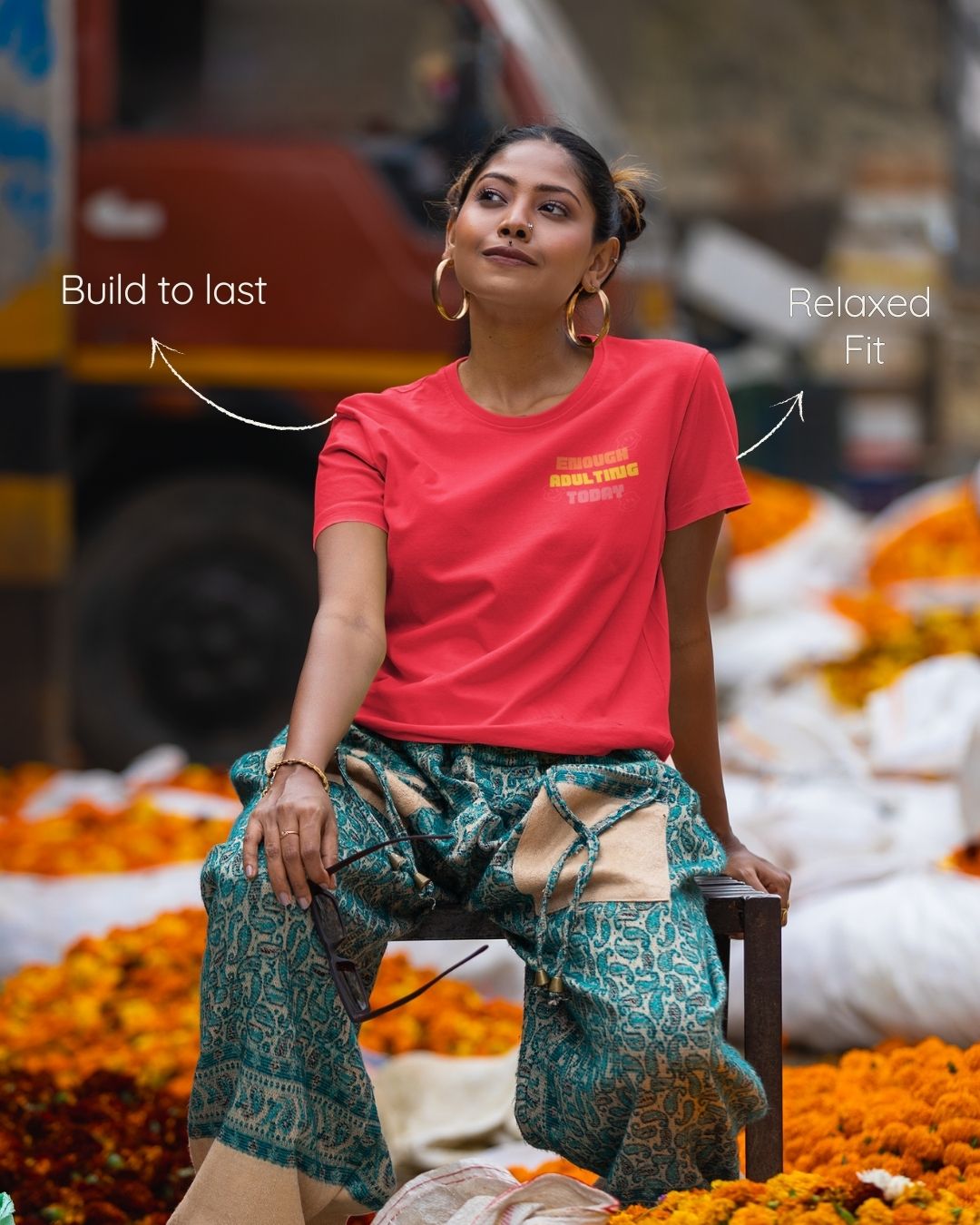 Red regular fit cotton t-shirt with 'Enough Adulting Today' quote – Out of Office clothing
