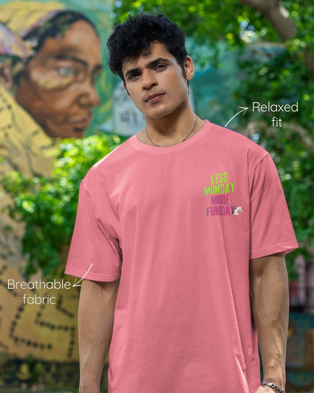Pink regular fit cotton t-shirt with 'Less Monday. More Funday' quote – Out of Office clothing