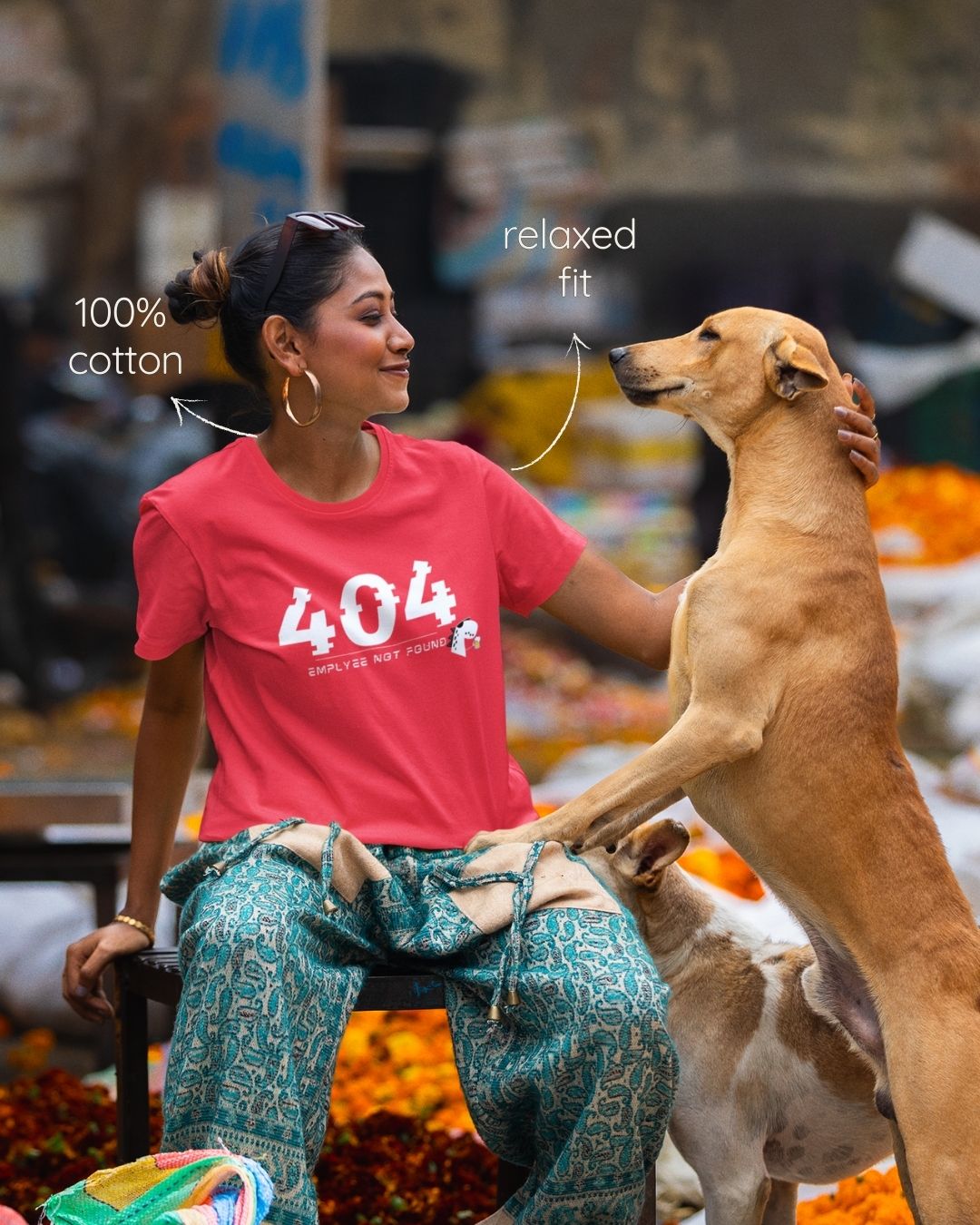 Red regular fit cotton t-shirt with '404 - Employee not found' quote – Out of Office clothing