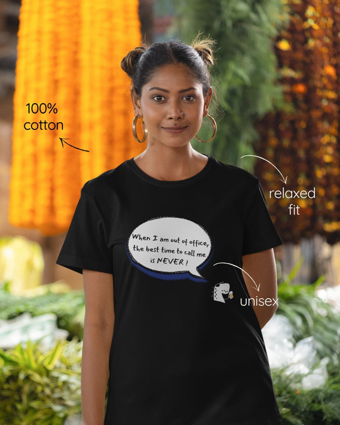 Black regular fit cotton t-shirt with 'When i am out of office, the best time to call is NEVER' quote – Out of Office clothing