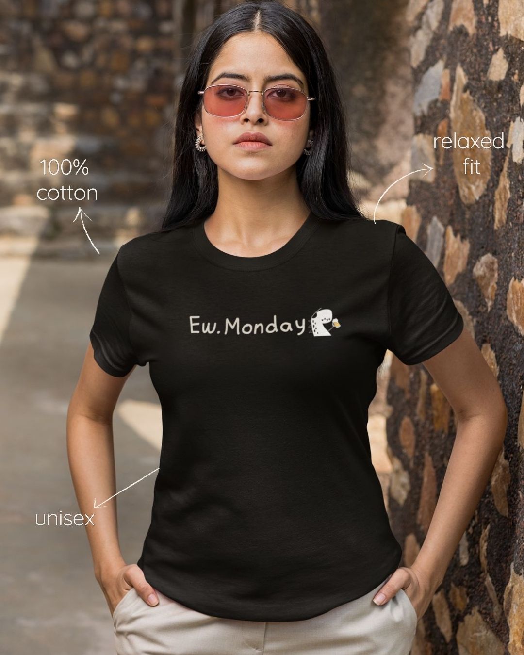 Black regular fit cotton t-shirt with 'Ew Monday' quote – Out of Office clothing