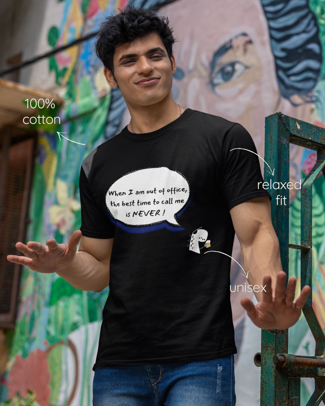 Black regular fit cotton t-shirt with 'When i am out of office, the best time to call is NEVER' quote – Out of Office clothing