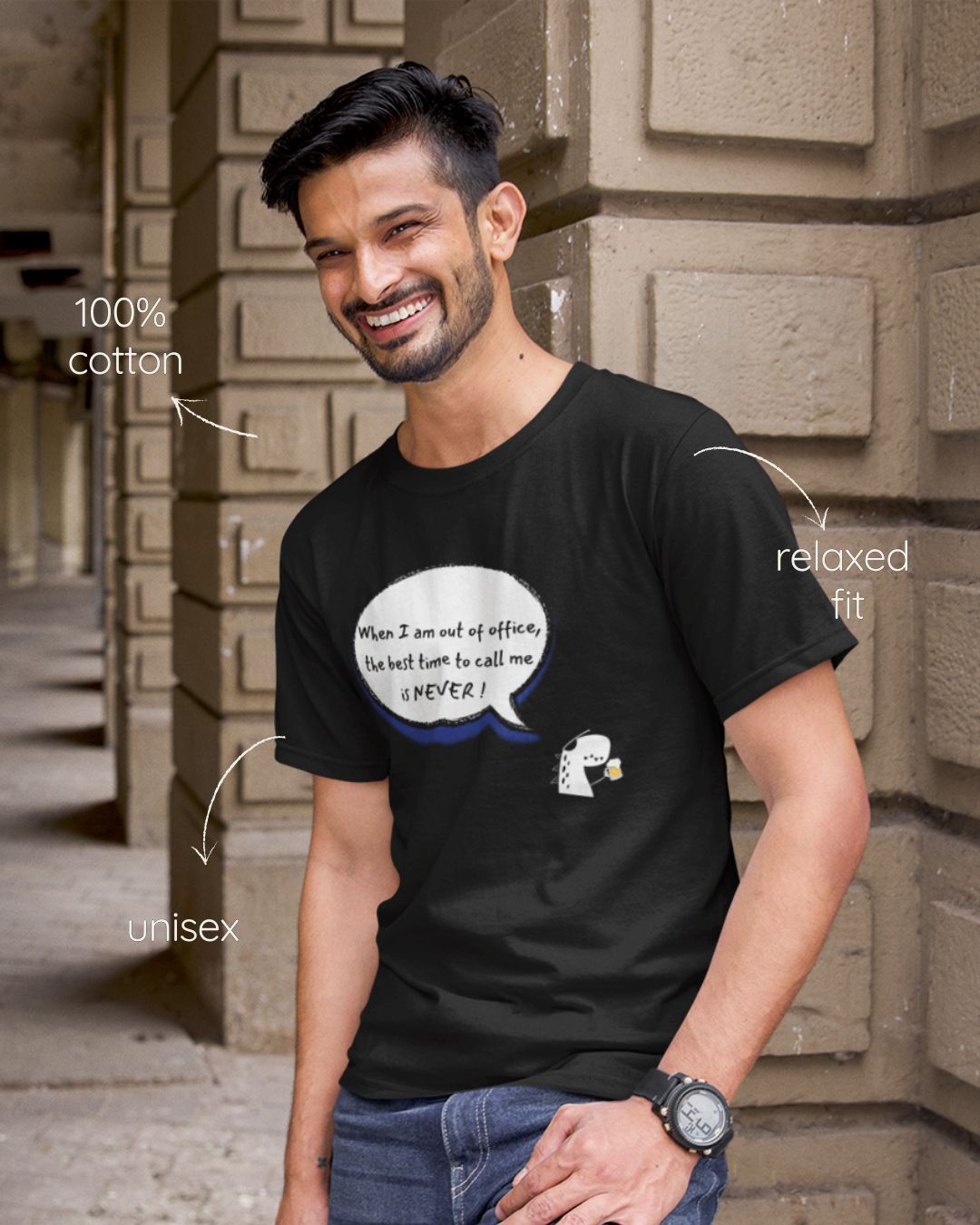 Black regular fit cotton t-shirt with 'When i am out of office, the best time to call is NEVER' quote – Out of Office clothing