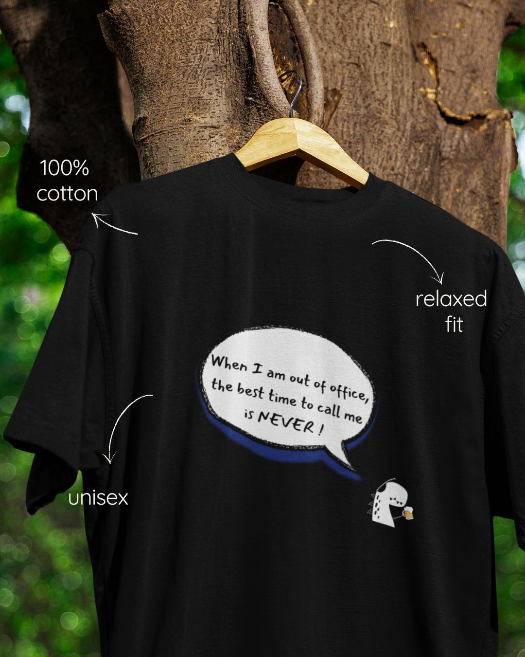 Black regular fit cotton t-shirt with 'When i am out of office, the best time to call is NEVER' quote – Out of Office clothing