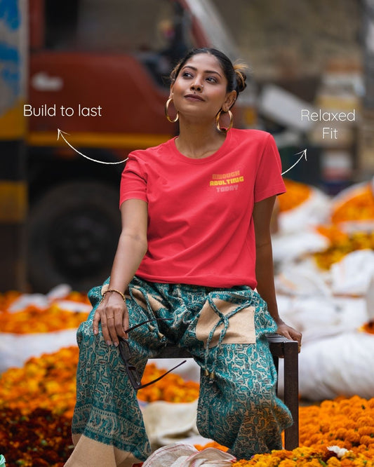 Red regular fit cotton t-shirt with 'Enough Adulting Today' quote – Out of Office clothing