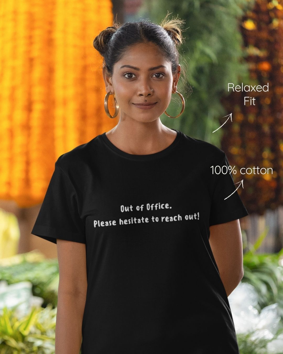 Black regular fit cotton t-shirt with 'Out of office. Please hesitate to reach out' quote – Out of Office clothing