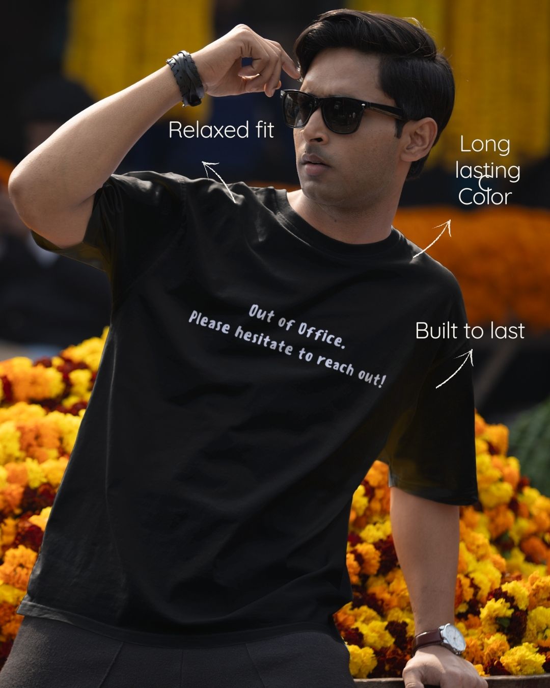 Black regular fit cotton t-shirt with 'Out of office. Please hesitate to reach out' quote – Out of Office clothing