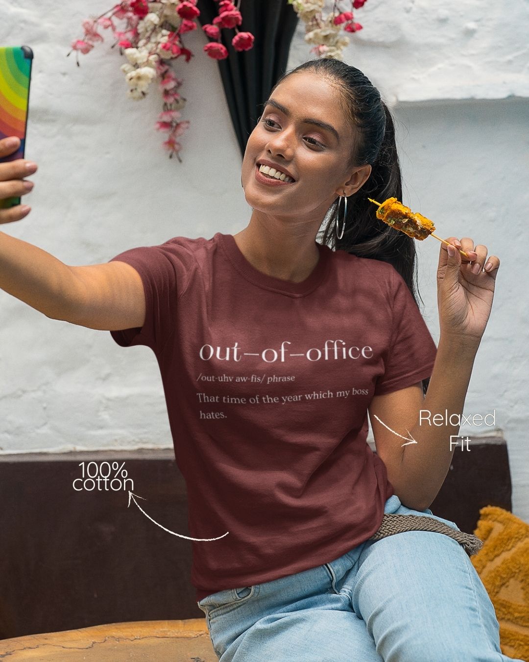 Dark Brown regular fit cotton t-shirt with 'OOO means that time of the year which my boss hates' quote – Out of Office clothing