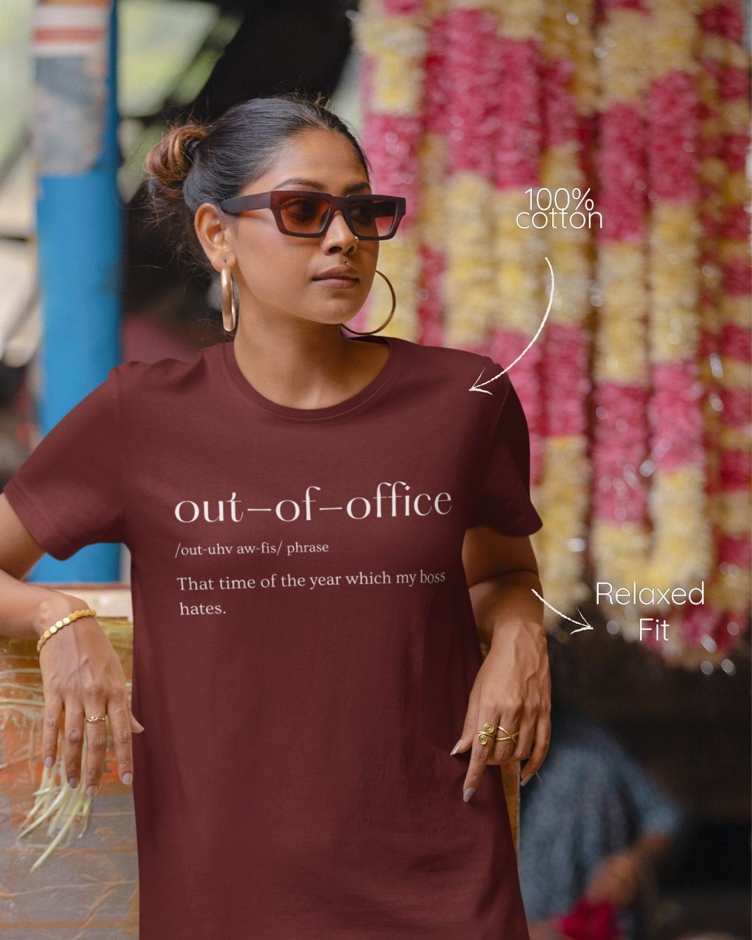 Dark Brown regular fit cotton t-shirt with 'OOO means that time of the year which my boss hates' quote – Out of Office clothing