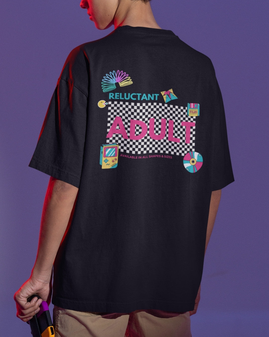 Black oversized cotton t-shirt with 'Reluctant adult and 90s games and icons' design – Out of Office clothing