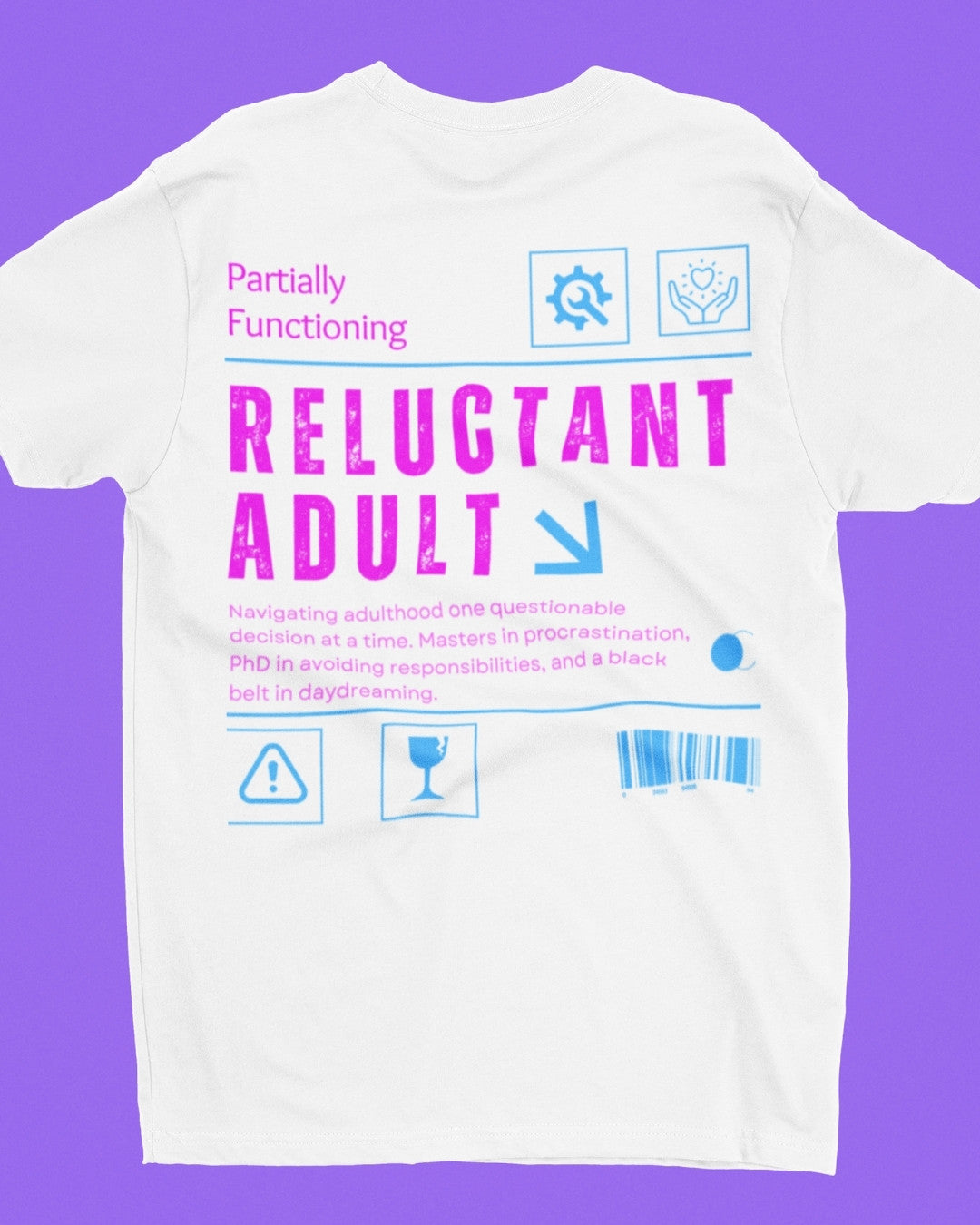 White oversized cotton t-shirt with 'Reluctand Adult' design – Out of Office clothing
