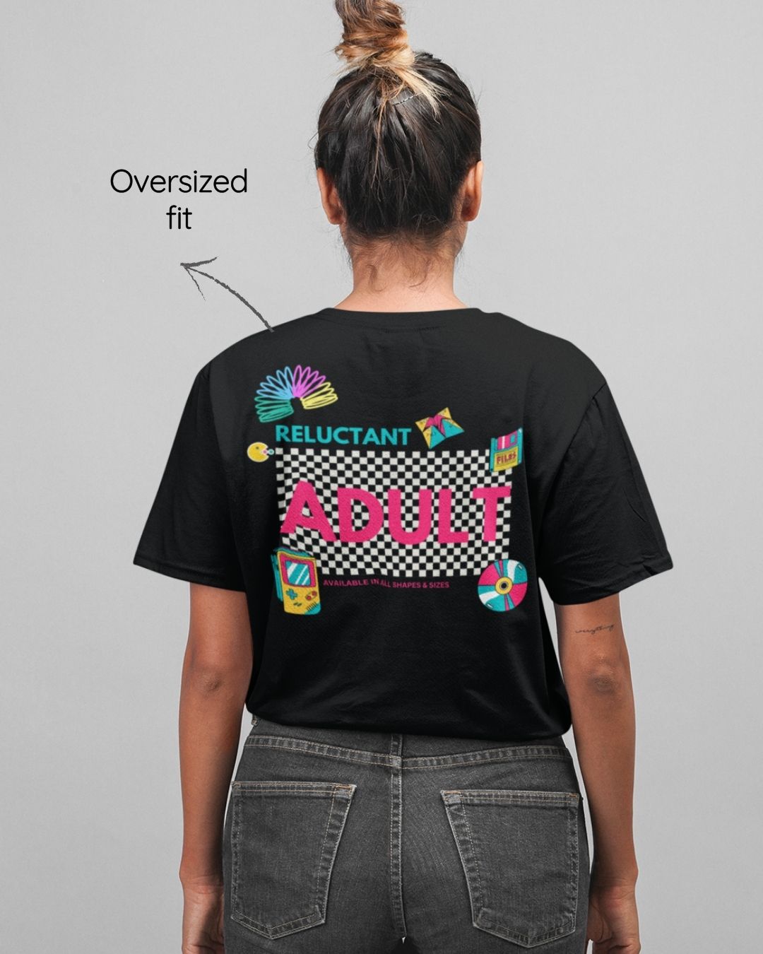 Black oversized cotton t-shirt with 'Reluctant adult and 90s games and icons' design – Out of Office clothing